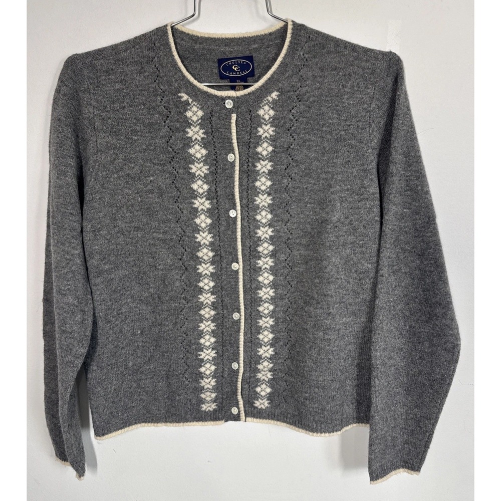 Chelsea Cambell Gray Nordic Lambswool Cardigan Sweater Womens XL Cottagecore VTG
